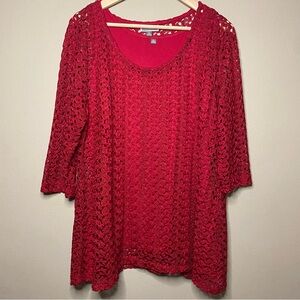 JM Collection Blouse Women Size XL Red Crochet Overlay Attached Tank Casual